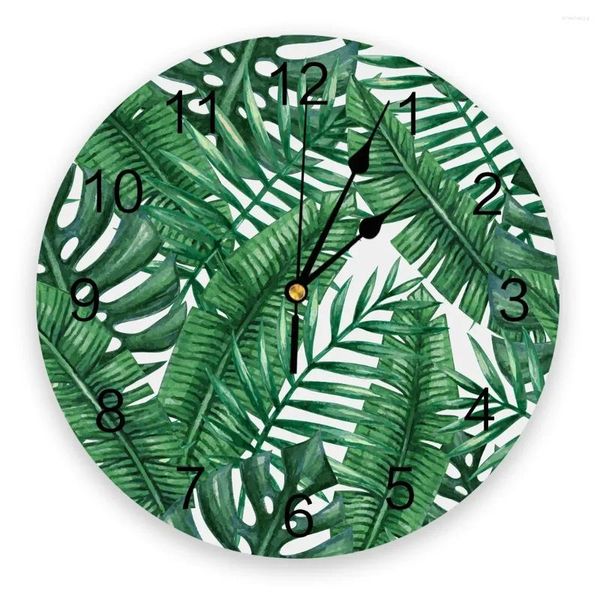 Relojes de pared de la selva Tropical, hoja de palma, planta verde, reloj redondo, decoración creativa para el hogar, sala de estar, reloj colgante con aguja de cuarzo