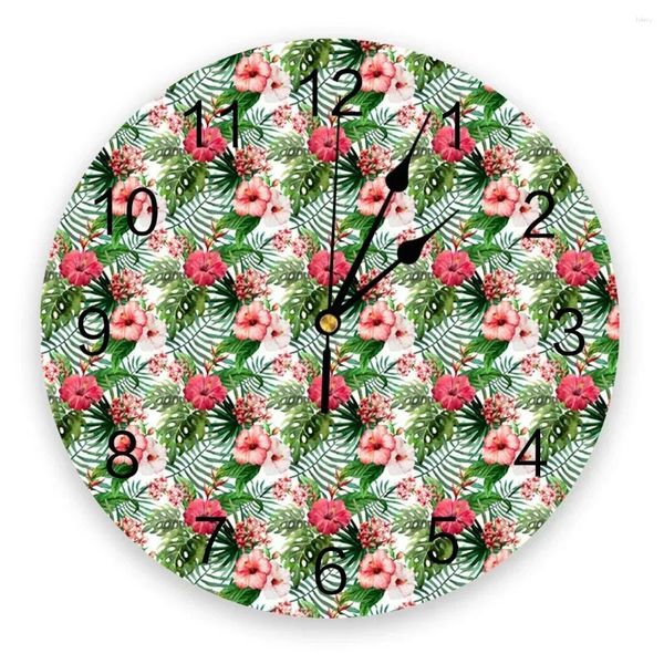 Relojes de pared, planta de selva Tropical, reloj redondo con flores, diseño moderno, decoración para el hogar, sala de estar, mesa de cocina para niños