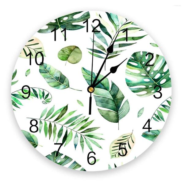 Relojes de pared con hojas tropicales, palmera, planta verde, diseño moderno, decoración para sala de estar, cocina, reloj artístico, decoración del hogar