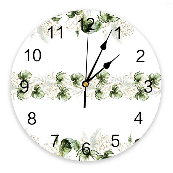 Relojes de pared con plantas tropicales, hojas verdes de palma, reloj para dormitorio, cocina moderna grande, comedor, reloj redondo para sala de estar, decoración del hogar