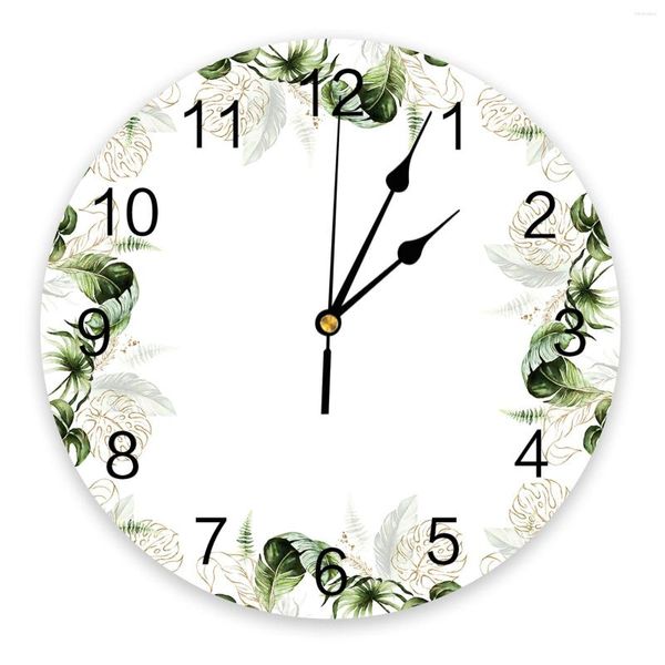 Horloges murales plantes tropicales feuilles vertes de palmier chambre horloge grande cuisine moderne salle à manger ronde salon montre décor à la maison