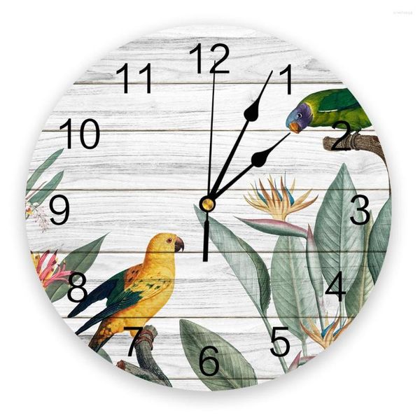 Relojes de pared plantas tropicales loro reloj sala de estar decoración del hogar grande redondo silencioso cuarzo mesa dormitorio decoración reloj