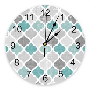 Horloges murales Turquoise gris géométrique marocain rétro impression horloge art silencieux non coutil montre ronde pour cadeau de décoration de la maison