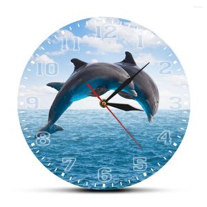 Horloges murales Deux dauphins sautants Paysage marin Horloge bleue Eaux profondes de l'océan avec marsouin Mouvement silencieux Montre Animaux de la mer Art
