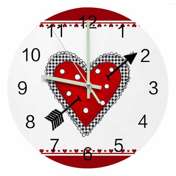 Horloges murales saint valentin coeur rouge flèche pointeur lumineux horloge maison ornements rond silencieux salon bureau décor