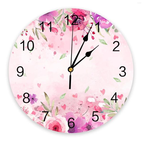 Relojes de pared Día de San Valentín Flores de acuarela Amor Hojas verdes Reloj Moderno Silencioso Sala de estar Decoración del hogar Reloj colgante