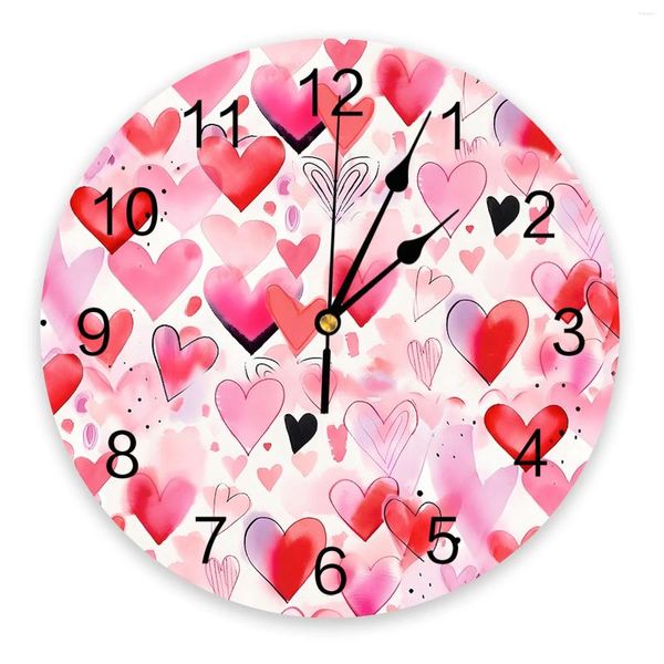 Relojes de pared Día de San Valentín Acuarela Amor Dibujado a mano Reloj impreso Moderno Sala de estar silenciosa Decoración del hogar Reloj colgante