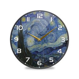 Wandklokken Van Gogh Starry Night Oil Painting Acryl Clock Round Hangende Wall Watch Batterij bediende niet-tikken stille stille bureau klok 230310