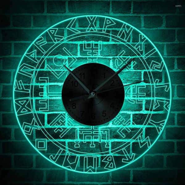 Relojes de pared Vegvisir Viking Compass Diseño vintage Reloj iluminado Runic Color que cambia Símbolo de protección de luz