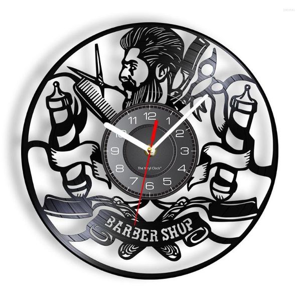 Horloges murales Vintage Barber Shop Record Clock Coupe de cheveux Hipster Man Cave Décor Salon de coiffure Signe de beauté Coiffeurs Artisanat