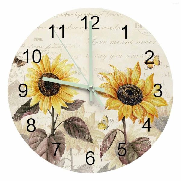 Relojes de pared Vintage flores mariposas amarillo girasol puntero luminoso reloj adornos para el hogar redondo silencioso decoración para sala de estar