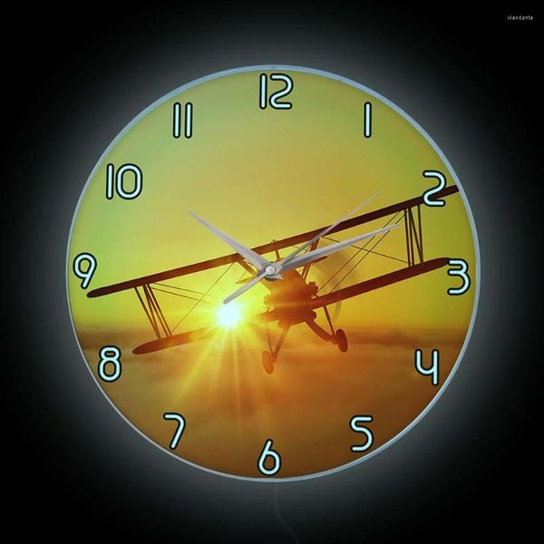 Horloges murales Vintage volant biplan coucher de soleil horloge lumineuse pour pilote décor à la maison Aviation LED signe lumineux ancien avion veilleuse