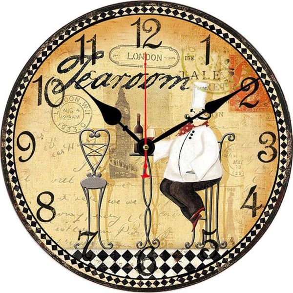 Relojes de pared Vintage Italiano Chef de cocina Reloj redondo Silencioso Sin tictac Pintura al óleo Hogar Oficina Escuela Arte decorativoRelojes de paredPared