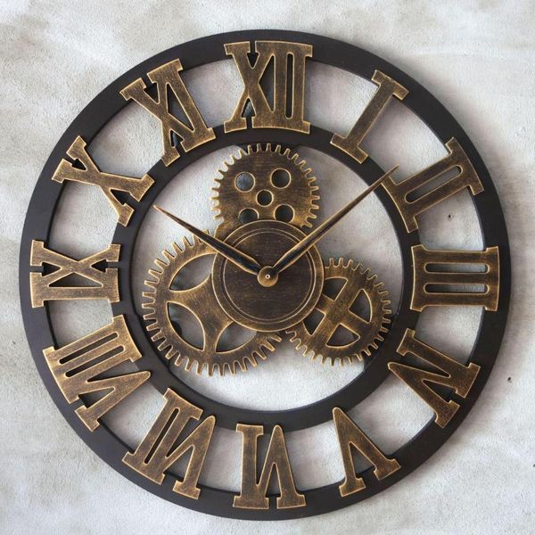 Horloges murales Vintage grande horloge à engrenages 2022 fait à la main 3D rétro rustique barcafé boutique décor montre de luxe en bois art industriel