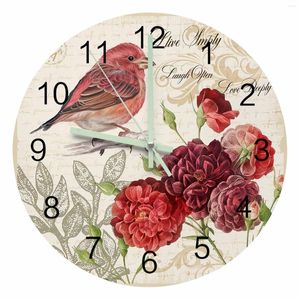 Horloges murales Vintage lettre rouge oiseau fleur rétro pointeur lumineux horloge maison ornements rond silencieux salon bureau décor