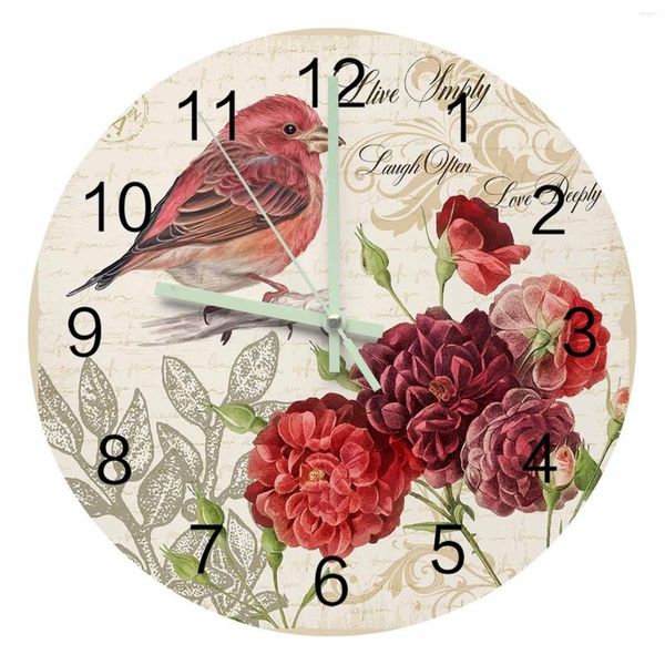 Relojes de pared Vintage letra pájaro rojo flor Retro puntero luminoso reloj adornos para el hogar redondo silencioso sala de estar decoración de oficina