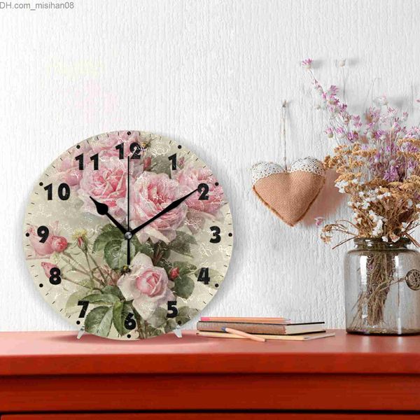 Horloges murales Vintage Sabi Unique Rose Fleur Horloge Ronde Pas de Tique Silencieux Fonctionnement de la Batterie Silencieux Bureau Horloge Art Décoration de La Maison Z230710