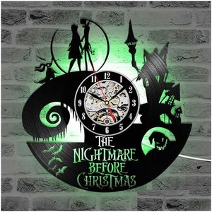 Horloges murales Horloge de disques en vinyle vintage avec 7 éclairage LED le cauchemar avant l'art de Noël suspendre la décoration intérieure y200109 drop dhupf