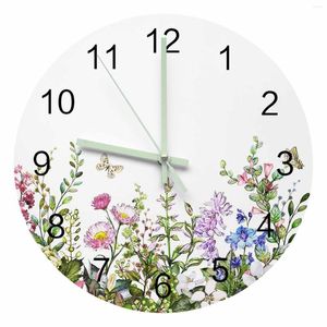 Horloges murales Vintage aquarelle fleur plante pointeur lumineux horloge maison ornements rond silencieux salon bureau décor