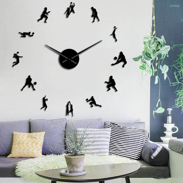 Horloges murales joueurs de volley-ball miroir autocollant moderne silencieux grande horloge montre salon sport décor pendaison de crémaillère cadeau