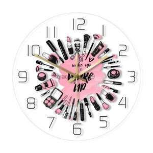 Relojes de pared Wake Up Make Up Colección de cosméticos Reloj de pared moderno Salón de belleza Letrero de pared comercial Juego de maquillaje Reloj de pared con movimiento silencioso HKD230830