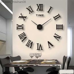 Horloges murales Horloges murales 3D grand chiffre romain acrylique miroir horloge murale autocollant mode bricolage horloges à quartz montre décoration de la maison salon autocollants Z230704