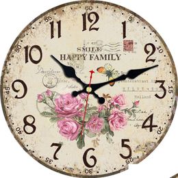 Horloges murales Horloges murales Rétro Fleur Floral Décoratif En Bois Rond Chiffres Arabes Conception Non Ticking Grand Pour Chambres Ba Dhgarden Dhxcp