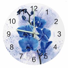 Wandklokken Aquarel Blauwe Bloem Phalaenopsis Lichtgevende Wijzer Klok Thuis Ornamenten Ronde Stille Woonkamer Kantoor Decor