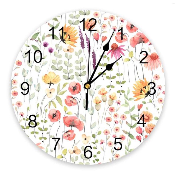 Relojes de pared Acuarela Floral Rústico Vintage Reloj Silencioso Digital para el hogar Dormitorio Cocina Decoración Reloj colgante