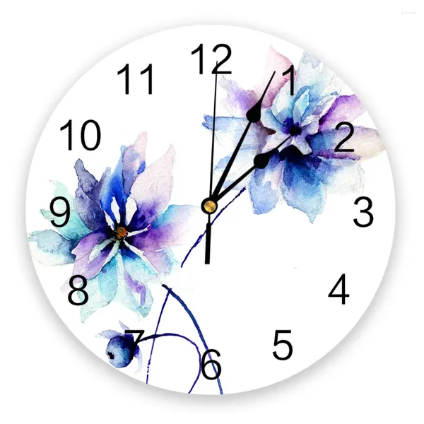 Horloges murales Aquarelle Fleur Bleu Blanc Horloge Design moderne Ferme Décor Cuisine Vintage PVC Rond Salon Décoration