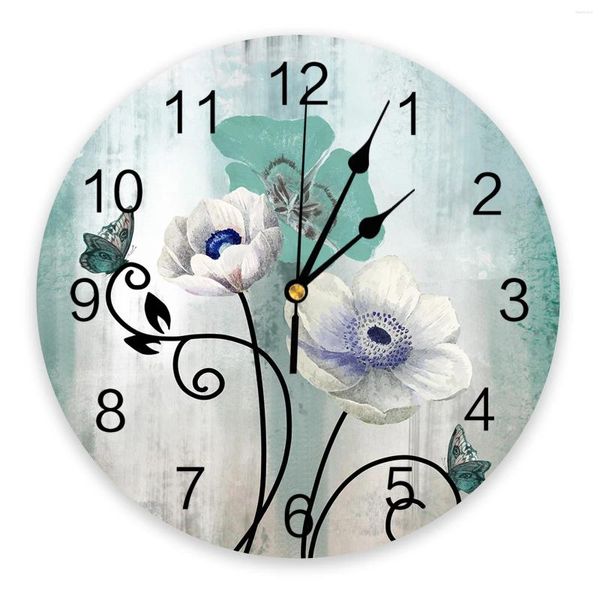 Relojes de pared acuarela flores plantas mariposas azul verde reloj moderno silencioso sala de estar decoración del hogar reloj colgante