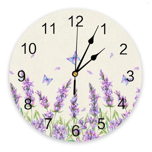 Relojes de pared acuarela lavanda flor mariposa reloj retro diseño moderno reloj silencioso para dormitorio cocina colgante redondo