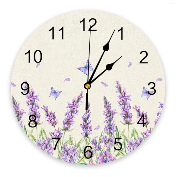 Horloges murales aquarelle lavande fleur papillon rétro rétro conception moderne Design silencieux pour la chambre à coucher rond suspendu