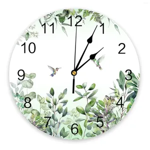 Horloges murales aquarelle plante feuilles colibri vert imprimé horloge moderne silencieux salon décor à la maison montre suspendue
