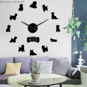 Horloges murales West Highland Terrier Westie Chien Race Longue Horloge Main 3D DIY Horloge Murale Chiot Animal Auto-Adhésif Grand Acrylique Horloge Montre T200104 Z230705