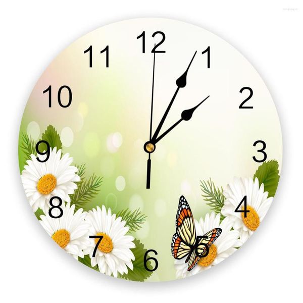 Horloges murales fleur blanche chrysanthème papillon horloge moderne pour la décoration de bureau à domicile salon salle de bain décor montre suspendue