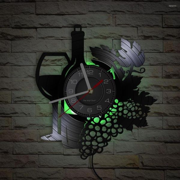 Horloges murales bouteille de vin avec verre Grappe de raisin Record Clock Home Bar Winery Decor Cuisine Still Life