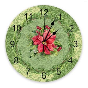 Horloges murales hiver noël vintage vert poinsettia rond bureau horloge numérique non-tic-tac créatif montre de chambre pour enfants