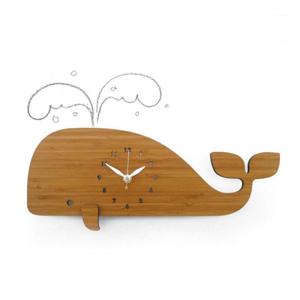 Horloges murales horloge en bois Design moderne thème marin baleine 3D autocollants décoratifs chambre d'enfants Animal montre décor à la maison silencieux