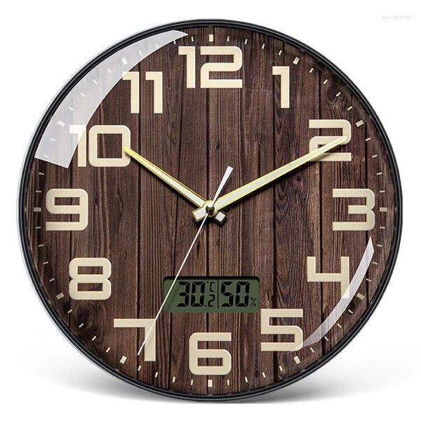 Relojes de pared Reloj de grano de madera Luminoso 12 pulgadas Nordic Mute LCD Temperatura y humedad Pantalla Cuarzo Sala de estar Estudio
