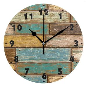 Horloges murales Impression en bois Horloge ronde Non-tic-tac Silencieux à piles Vintage Ferme Montre suspendue pour salon chambre