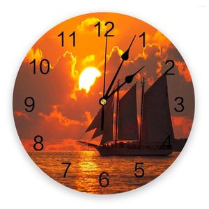 Horloges murales en bois bateau à voile soleil ciel nuages mer silencieux maison café bureau décor pour cuisine art grand