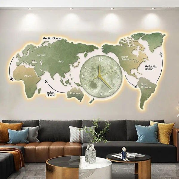 Relojes de pared Mapa del mundo Sala de estar Decoración Reloj Internet Celebridad Luz LED Pintura Moderno Lujo Fondo de sofá de alta gama