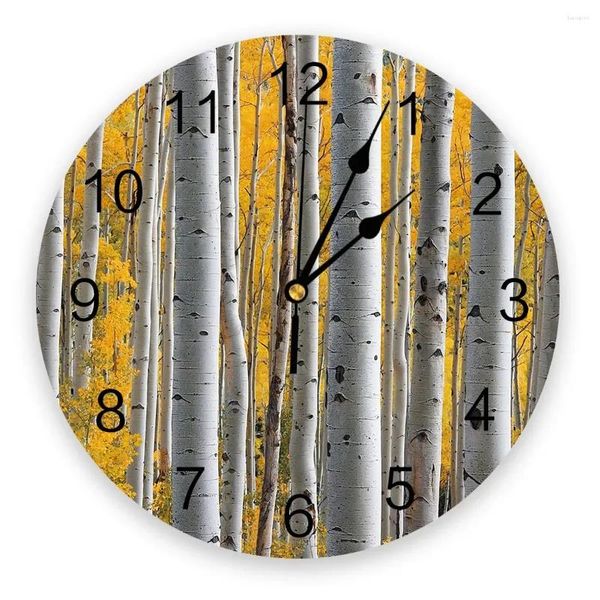 Horloges murales Forêt de bouleau jaune avec troncs blancs Silencieux Home Cafe Décor de bureau pour cuisine Art Grand
