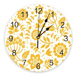 Horloges murales jaune branche plante fleur décorative horloge ronde chiffres arabes Design non tic-tac chambres salle de bain grande