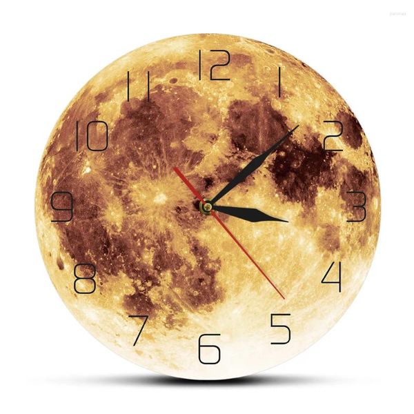 Horloges murales Jaune Pleine Lune Horloge Céleste Décor À La Maison Pépinière Chambre D'enfants Espace Art Récolte Silencieux Montre Suspendue