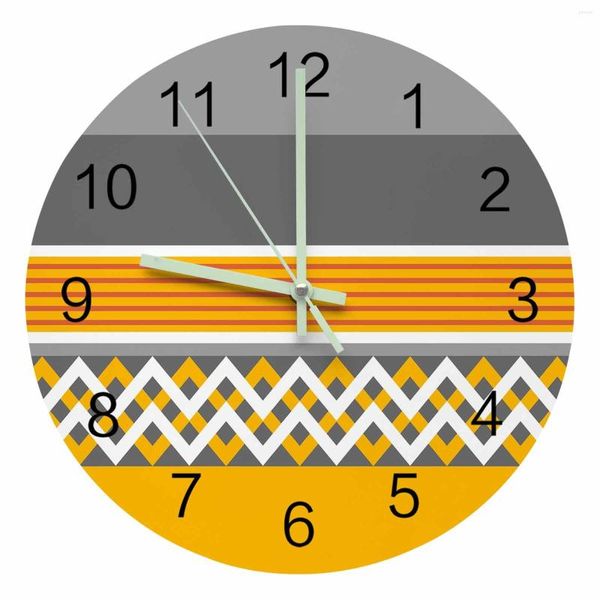 Horloges murales jaune gris rayures géométrique pointeur lumineux horloge maison ornements rond silencieux salon bureau décor