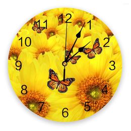 Horloges murales Jaune Tournesol Papillon Fleurs Plante Décorative Horloge Ronde Conception Personnalisée Non Ticking Chambres Silencieuses Grand