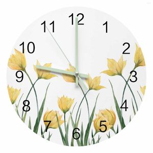 Horloges murales jaune tulipe fleur blanc pointeur lumineux horloge maison ornements rond silencieux salon chambre bureau décor