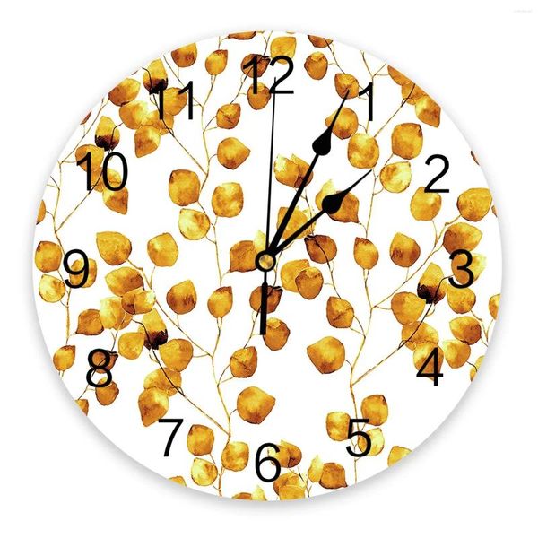 Horloges murales Feuille d'aquarelle jaune Horloge ronde Design moderne Cuisine Suspendue Montre Décor à la maison Silencieux